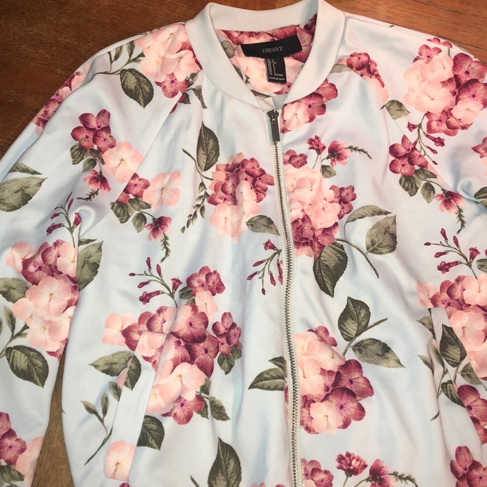 Forever 21 light blue bomber jacket with flowers
